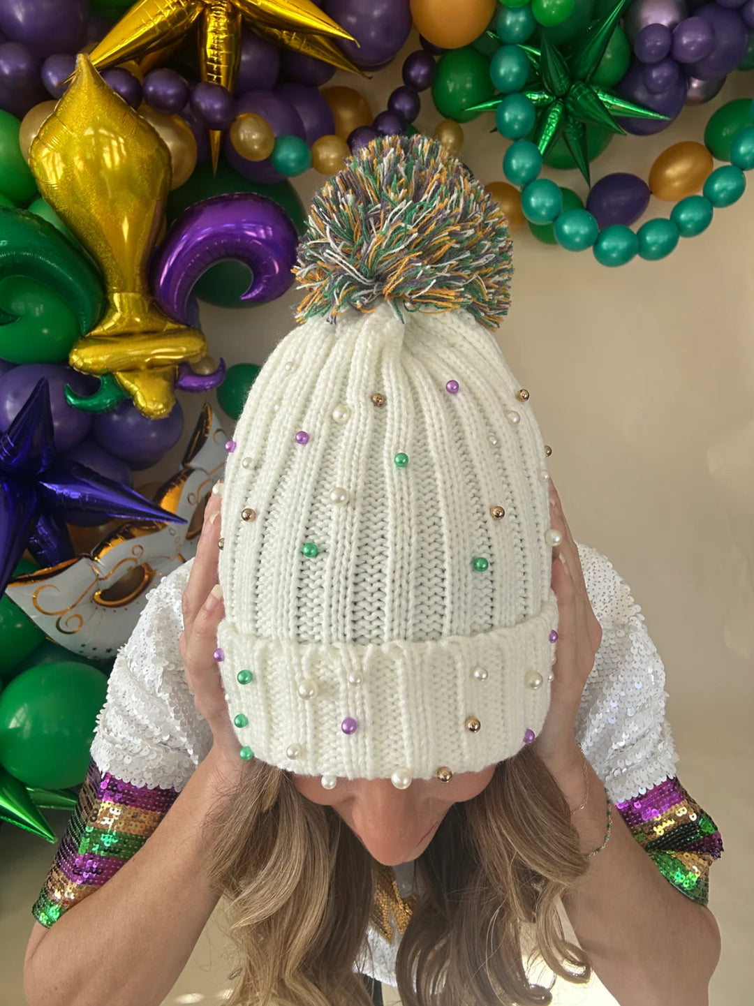 Mardi Gras Pearl Beanie Hat-Hats-SongLily-Shop with Bloom West Boutique, Women's Fashion Boutique, Located in Houma, Louisiana