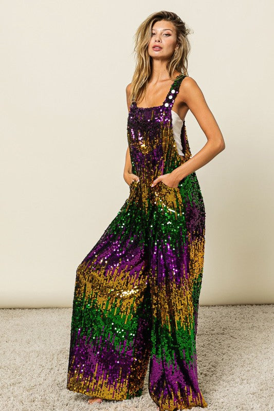 Mardi Gras Color Block Overalls-Jumpsuits-Bibi-Shop with Bloom West Boutique, Women's Fashion Boutique, Located in Houma, Louisiana