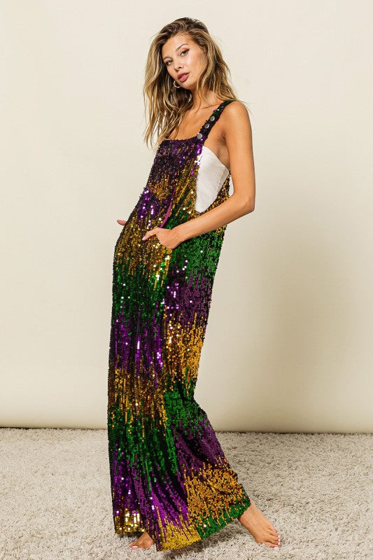 Mardi Gras Color Block Overalls-Jumpsuits-Bibi-Shop with Bloom West Boutique, Women's Fashion Boutique, Located in Houma, Louisiana