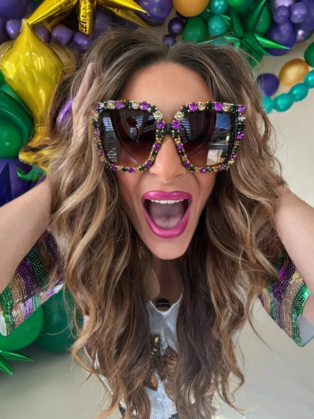 Large Mardi Gras Rhinestone Sunglasses-Sunglasses-SongLily-Shop with Bloom West Boutique, Women's Fashion Boutique, Located in Houma, Louisiana