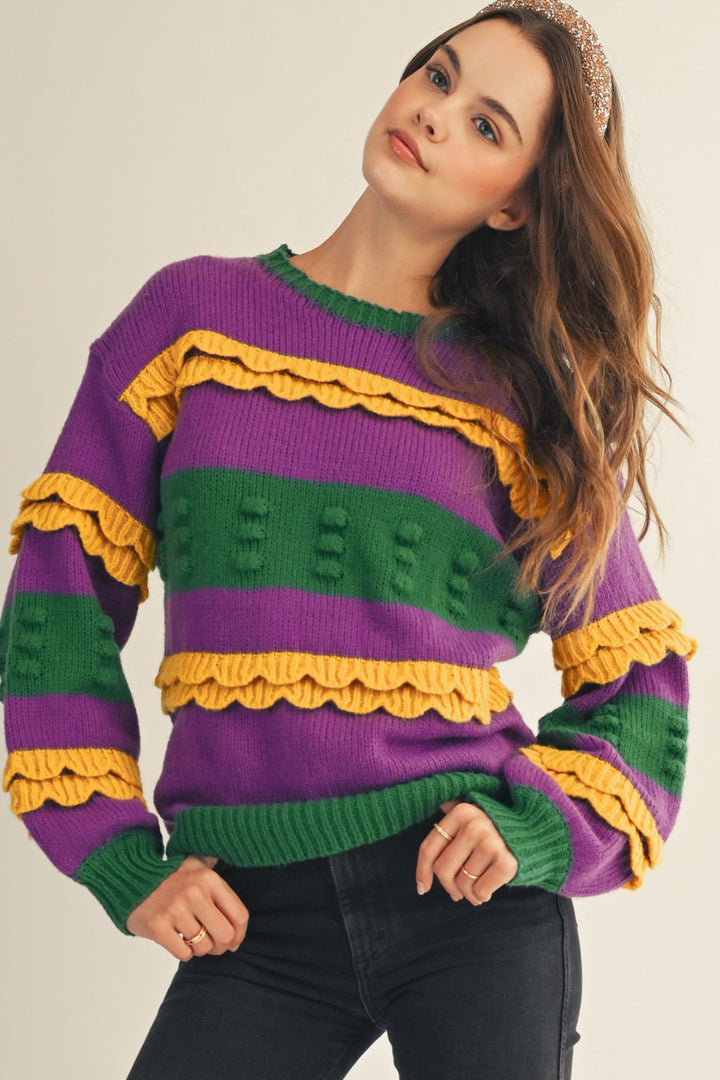 Mardi Gras’s Ruffled Puff Sweater Pre Order-Sweaters-LovLov-Shop with Bloom West Boutique, Women's Fashion Boutique, Located in Houma, Louisiana