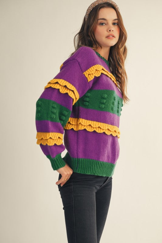 Mardi Gras’s Ruffled Puff Sweater Pre Order-Sweaters-LovLov-Shop with Bloom West Boutique, Women's Fashion Boutique, Located in Houma, Louisiana