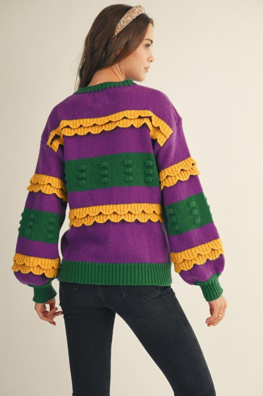 Mardi Gras’s Ruffled Puff Sweater Pre Order-Sweaters-LovLov-Shop with Bloom West Boutique, Women's Fashion Boutique, Located in Houma, Louisiana