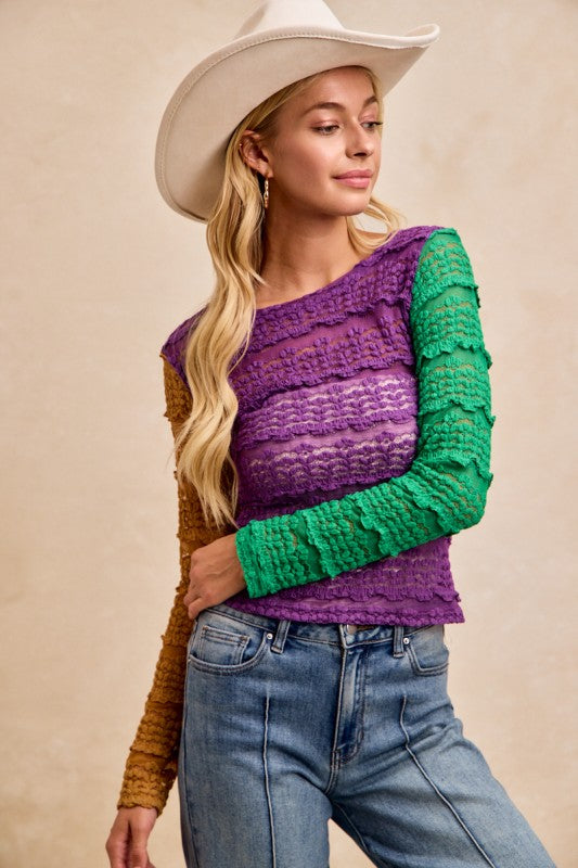 Ruffles Detail Mardi Gras Color Block Flower Top PREORDER-Tops-Bibi-Shop with Bloom West Boutique, Women's Fashion Boutique, Located in Houma, Louisiana