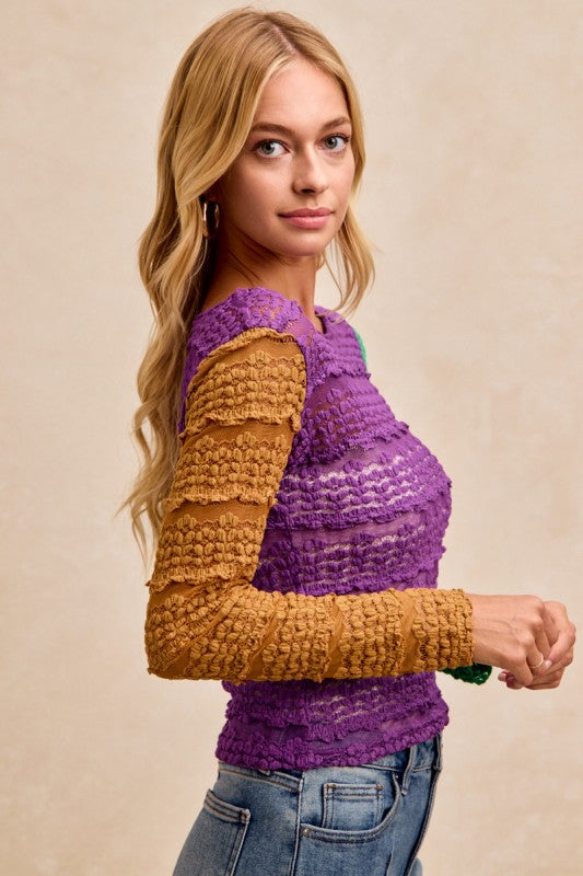 Ruffles Detail Mardi Gras Color Block Flower Top PREORDER-Tops-Bibi-Shop with Bloom West Boutique, Women's Fashion Boutique, Located in Houma, Louisiana