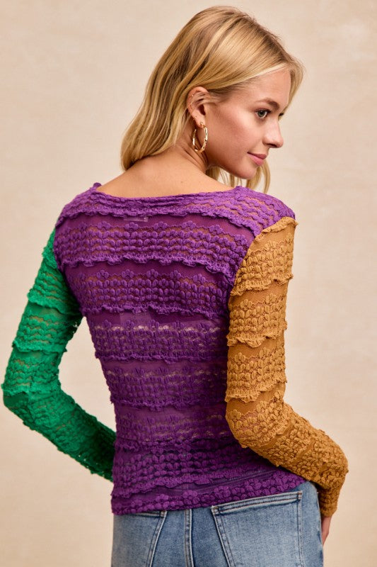 Ruffles Detail Mardi Gras Color Block Flower Top PREORDER-Tops-Bibi-Shop with Bloom West Boutique, Women's Fashion Boutique, Located in Houma, Louisiana