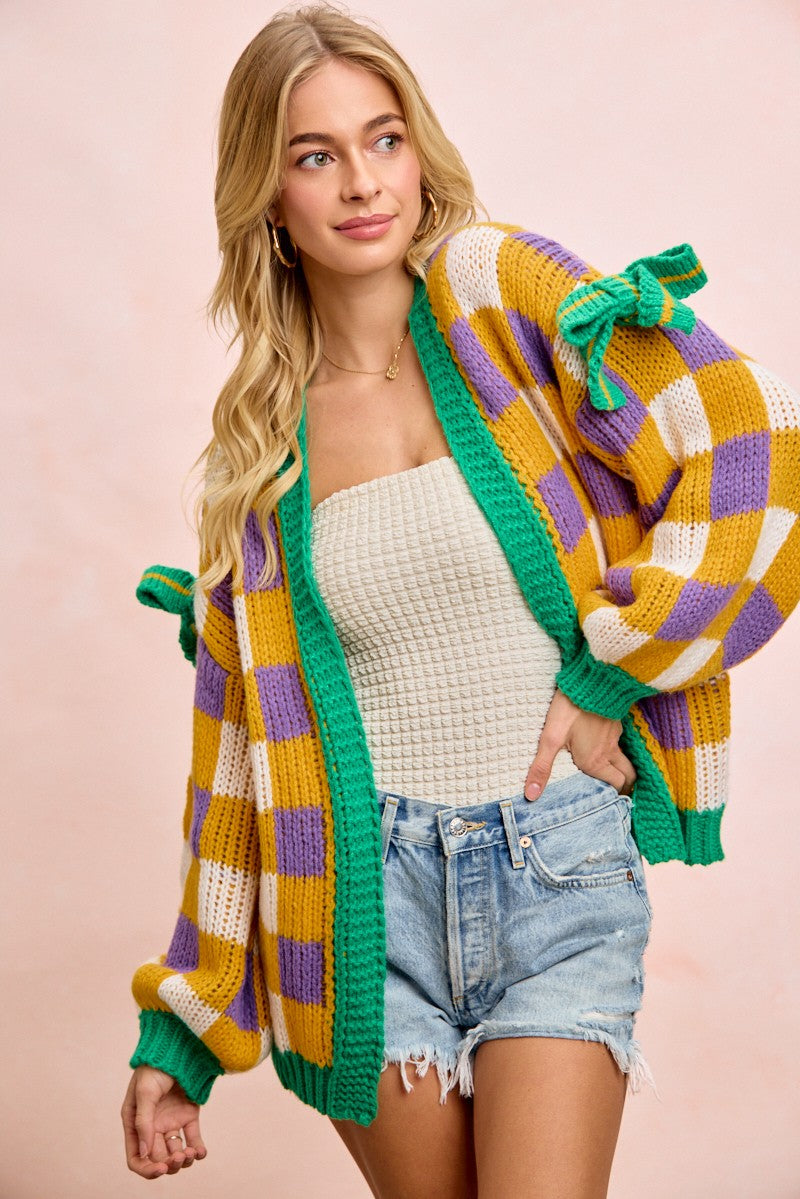 Mardi Gras Checker Board Front Open Cardigan PREORDER-Cardigans-Bibi-Shop with Bloom West Boutique, Women's Fashion Boutique, Located in Houma, Louisiana