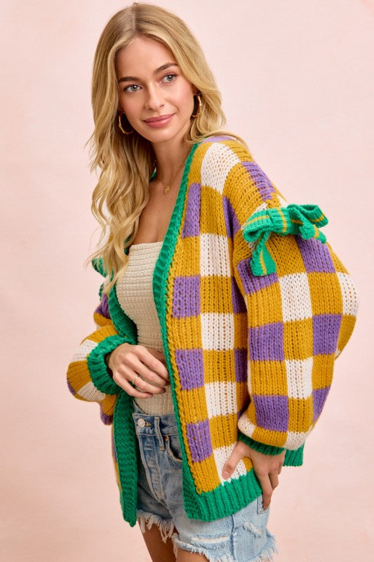Mardi Gras Checker Board Front Open Cardigan PREORDER-Cardigans-Bibi-Shop with Bloom West Boutique, Women's Fashion Boutique, Located in Houma, Louisiana