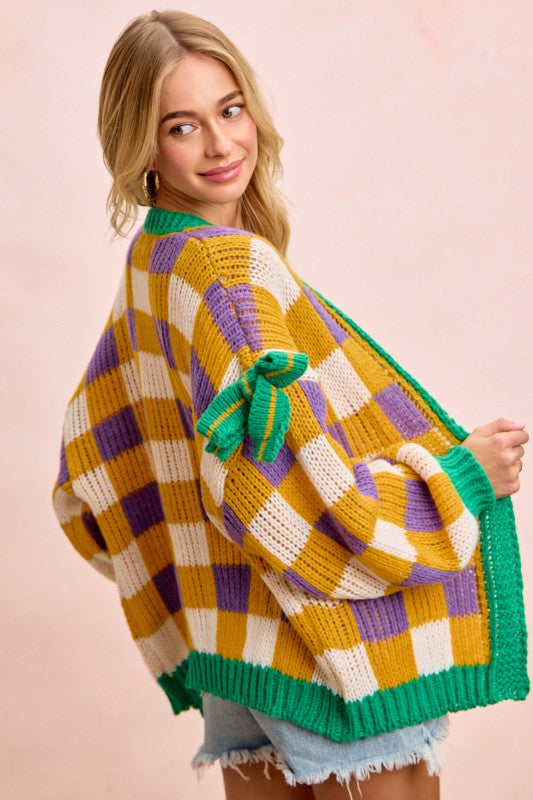 Mardi Gras Checker Board Front Open Cardigan PREORDER-Cardigans-Bibi-Shop with Bloom West Boutique, Women's Fashion Boutique, Located in Houma, Louisiana