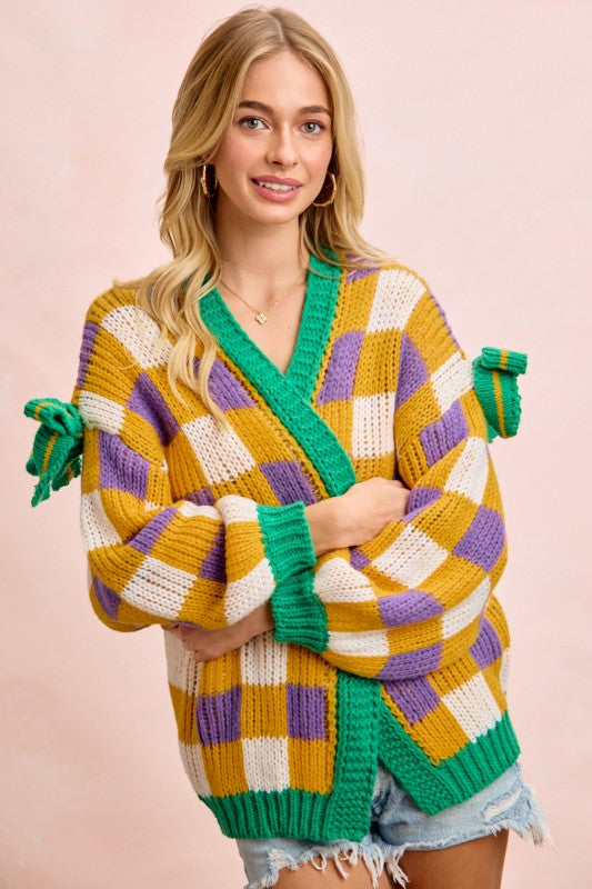 Mardi Gras Checker Board Front Open Cardigan PREORDER-Cardigans-Bibi-Shop with Bloom West Boutique, Women's Fashion Boutique, Located in Houma, Louisiana