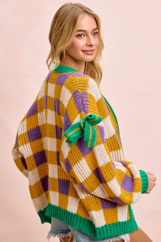 Mardi Gras Checker Board Front Open Cardigan PREORDER-Cardigans-Bibi-Shop with Bloom West Boutique, Women's Fashion Boutique, Located in Houma, Louisiana