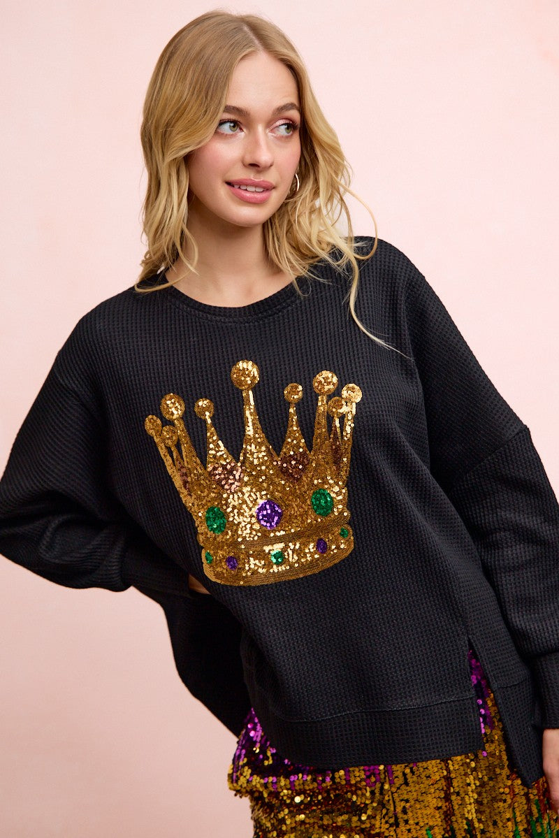 Crown Sequin Embroidery Mardi Gras Sweatshirt Top Pre Order-Tops-Bibi-Shop with Bloom West Boutique, Women's Fashion Boutique, Located in Houma, Louisiana