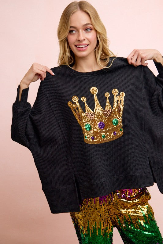 Crown Sequin Embroidery Mardi Gras Sweatshirt Top Pre Order-Tops-Bibi-Shop with Bloom West Boutique, Women's Fashion Boutique, Located in Houma, Louisiana