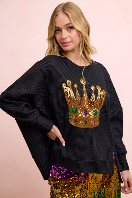 Crown Sequin Embroidery Mardi Gras Sweatshirt Top Pre Order-Tops-Bibi-Shop with Bloom West Boutique, Women's Fashion Boutique, Located in Houma, Louisiana