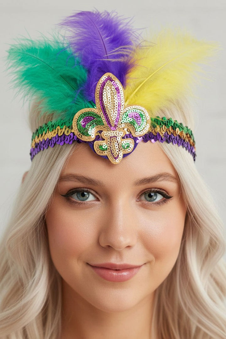 Mardi Gras Fleur De Lis Feather Sequin Headband