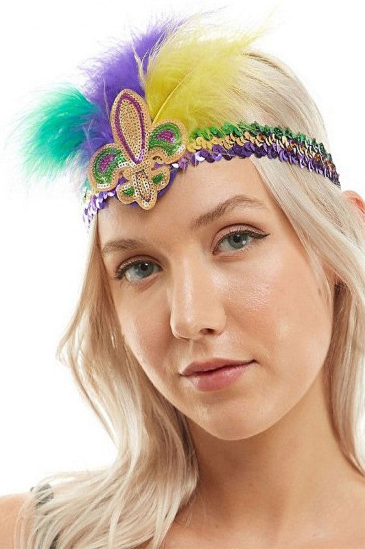 Mardi Gras Fleur De Lis Feather Sequin Headband