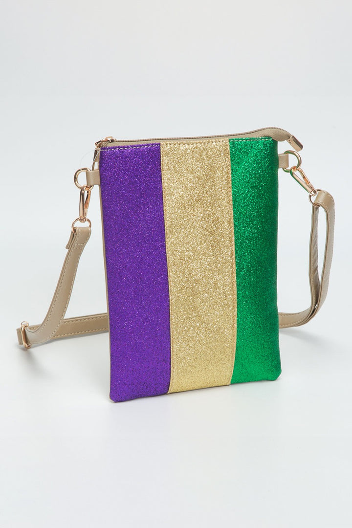 Glittered Vertical Strip Mardi Gras Crossbody Bag