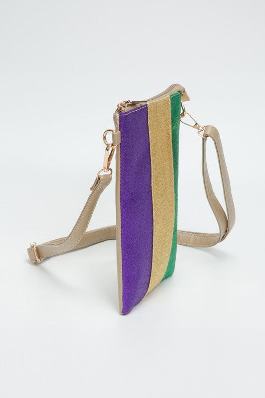 Glittered Vertical Strip Mardi Gras Crossbody Bag