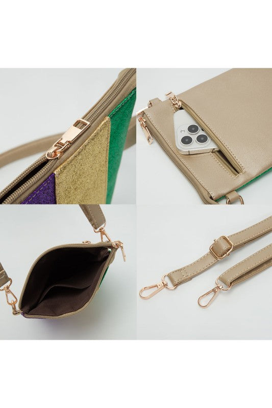 Glittered Vertical Strip Mardi Gras Crossbody Bag
