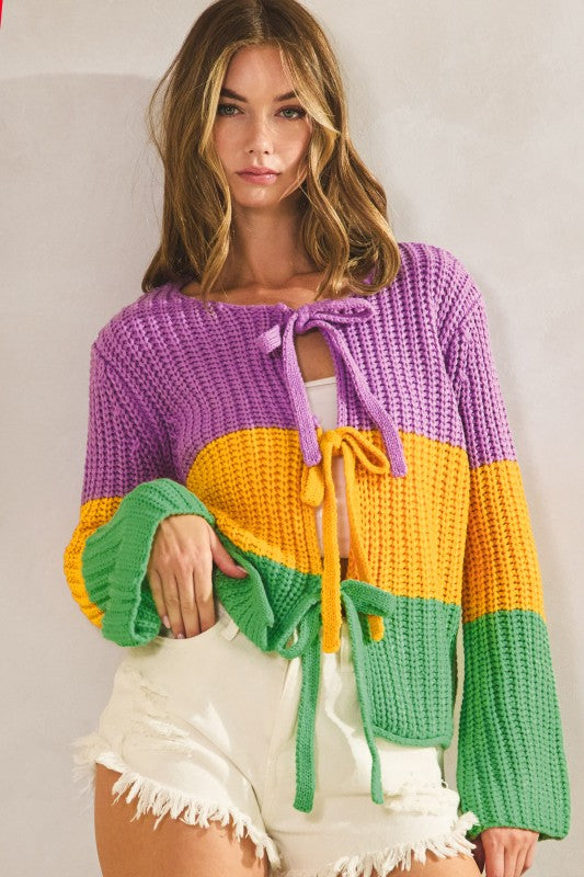 Mardi Gras Ribbed String Tied Cardigan Pre Order