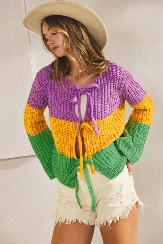 Mardi Gras Ribbed String Tied Cardigan Pre Order