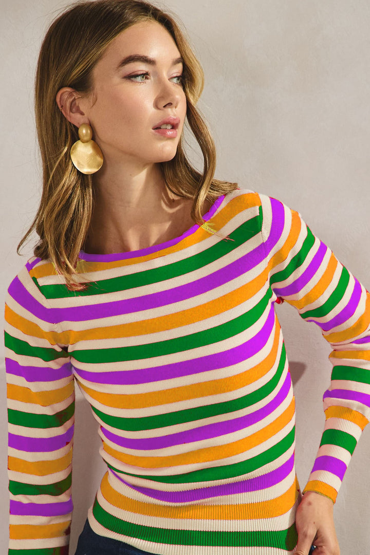 Mardi Gras Striped Soft Long Sleeves Sweater Top Pre Order