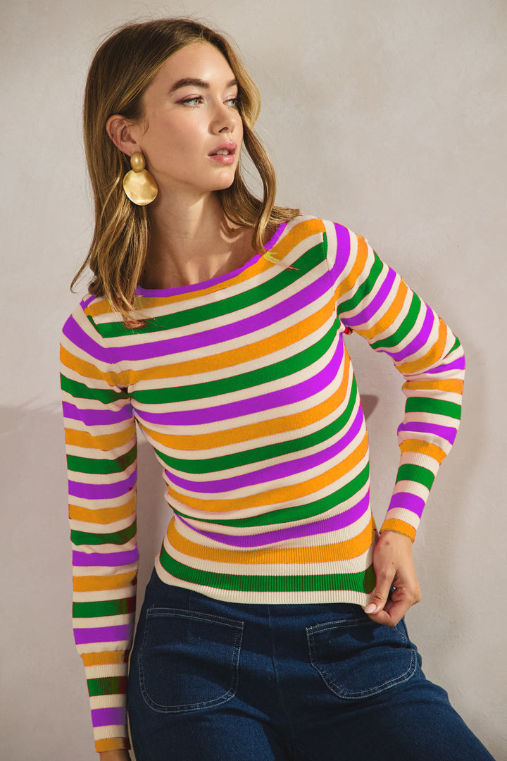Mardi Gras Striped Soft Long Sleeves Sweater Top Pre Order