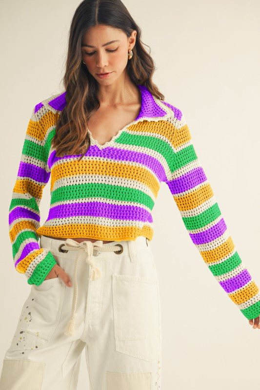 Mardi Gras Open Collar Striped Sweater Top Pre Order