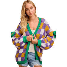 Mardi Gras Checker Board Front Open Cardigan-Cardigans-Bibi-Shop with Bloom West Boutique, Women's Fashion Boutique, Located in Houma, Louisiana