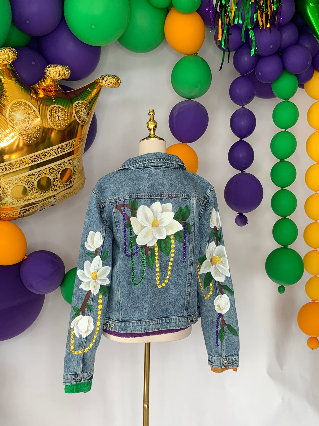 Magnolias on Mardi Denim Jacket PRE-ORDER-Jackets-Bloom West Boutique-Shop with Bloom West Boutique, Women's Fashion Boutique, Located in Houma, Louisiana