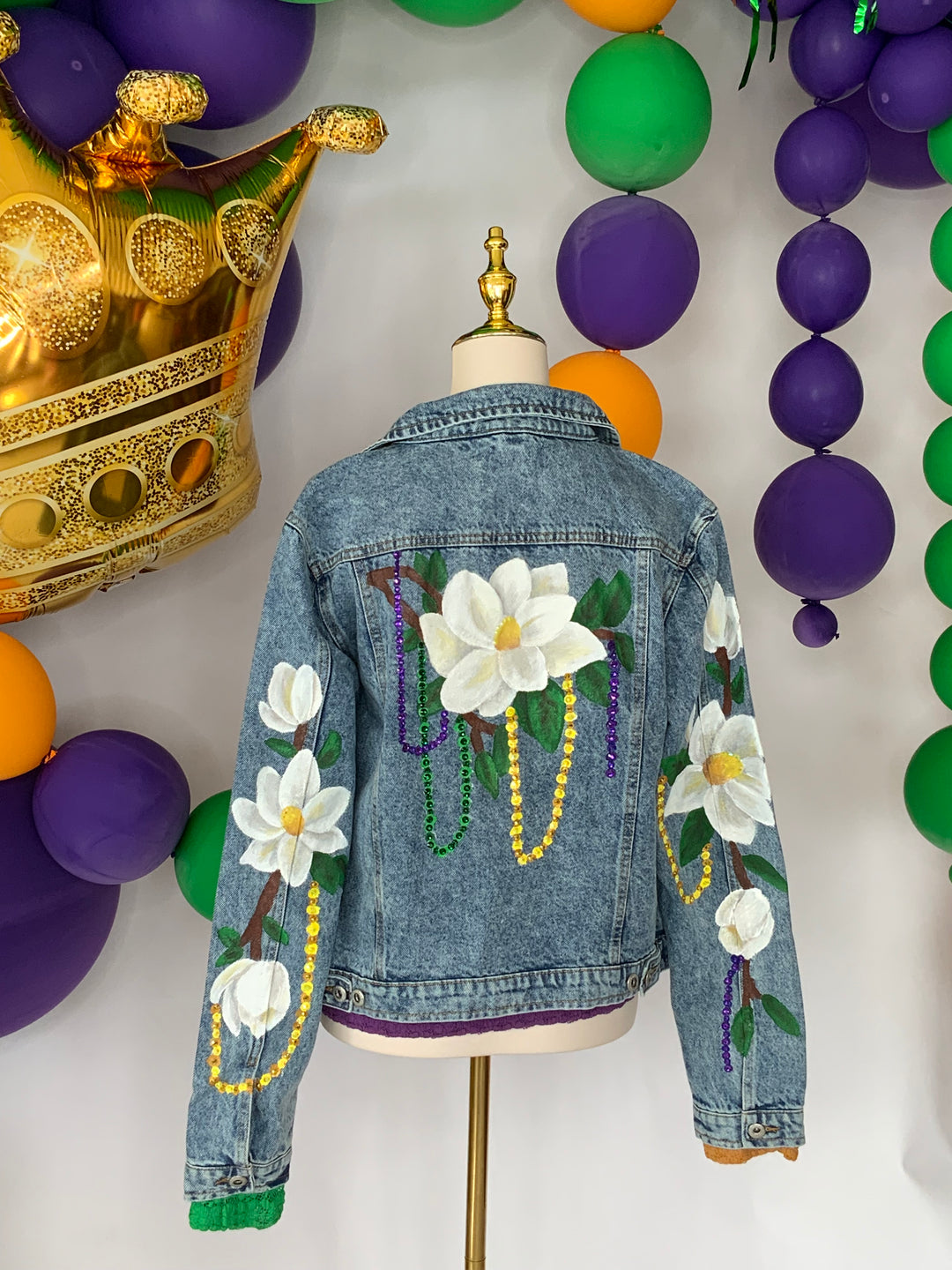 Magnolias on Mardi Denim Jacket PRE-ORDER-Jackets-Bloom West Boutique-Shop with Bloom West Boutique, Women's Fashion Boutique, Located in Houma, Louisiana