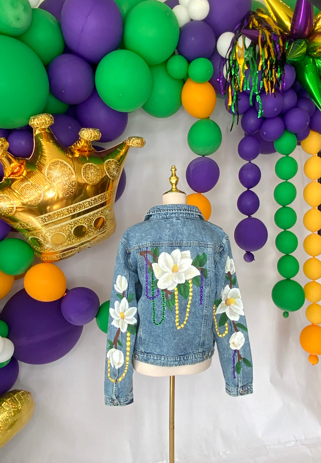 Magnolias on Mardi Denim Jacket PRE-ORDER-Jackets-Bloom West Boutique-Shop with Bloom West Boutique, Women's Fashion Boutique, Located in Houma, Louisiana
