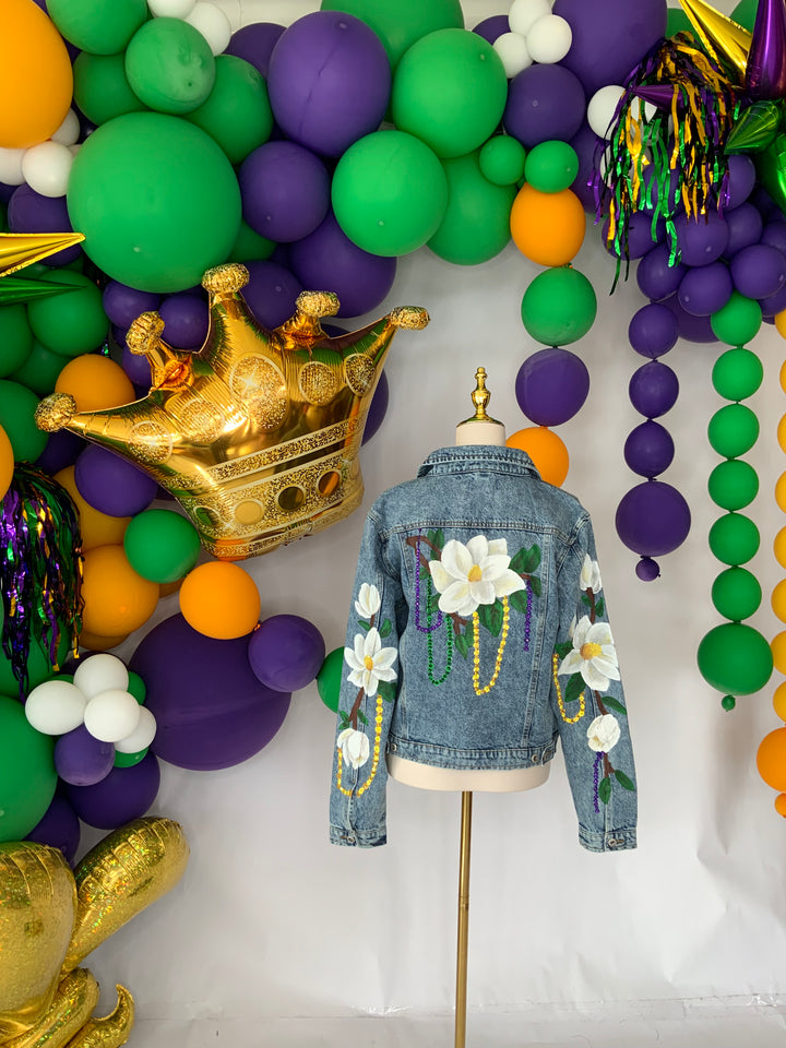 Magnolias on Mardi Denim Jacket PRE-ORDER-Jackets-Bloom West Boutique-Shop with Bloom West Boutique, Women's Fashion Boutique, Located in Houma, Louisiana