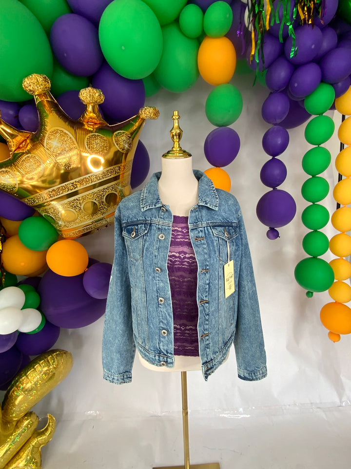 Magnolias on Mardi Denim Jacket PRE-ORDER-Jackets-Bloom West Boutique-Shop with Bloom West Boutique, Women's Fashion Boutique, Located in Houma, Louisiana