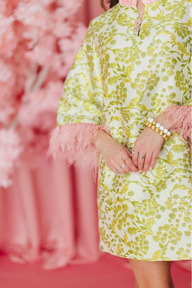 BC CAFTAN - CHARTREUSE AND BLUSH WITH FEATHERS DRESS-Tops-Brianna Cannon-Shop with Bloom West Boutique, Women's Fashion Boutique, Located in Houma, Louisiana