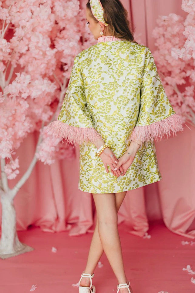 BC CAFTAN - CHARTREUSE AND BLUSH WITH FEATHERS DRESS-Tops-Brianna Cannon-Shop with Bloom West Boutique, Women's Fashion Boutique, Located in Houma, Louisiana