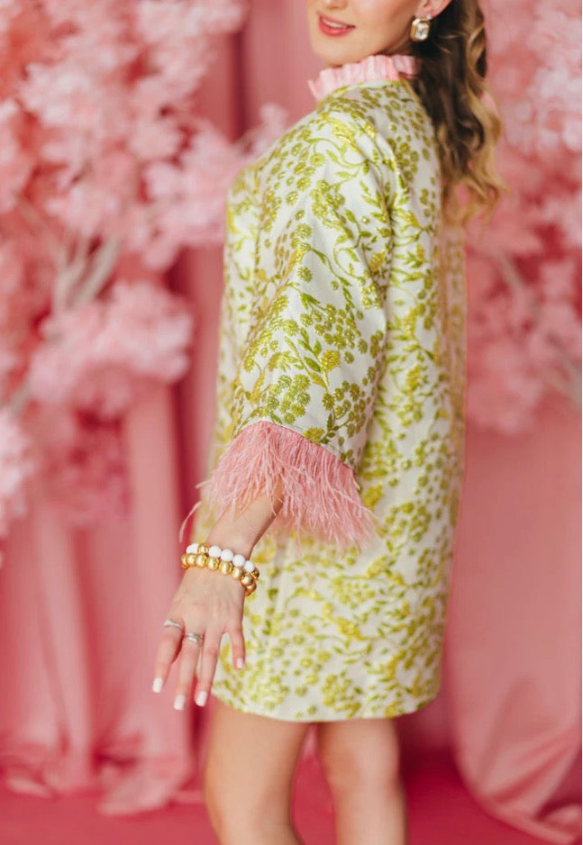 BC CAFTAN - CHARTREUSE AND BLUSH WITH FEATHERS DRESS-Tops-Brianna Cannon-Shop with Bloom West Boutique, Women's Fashion Boutique, Located in Houma, Louisiana