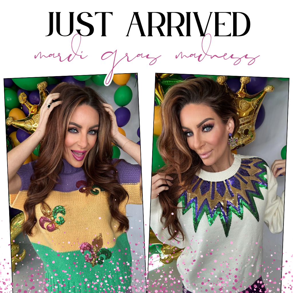 Promotional image for Mardi Gras-themed clothing with a model wearing a colorful sweater and accessories | Bloom West Boutique | Houma, LA