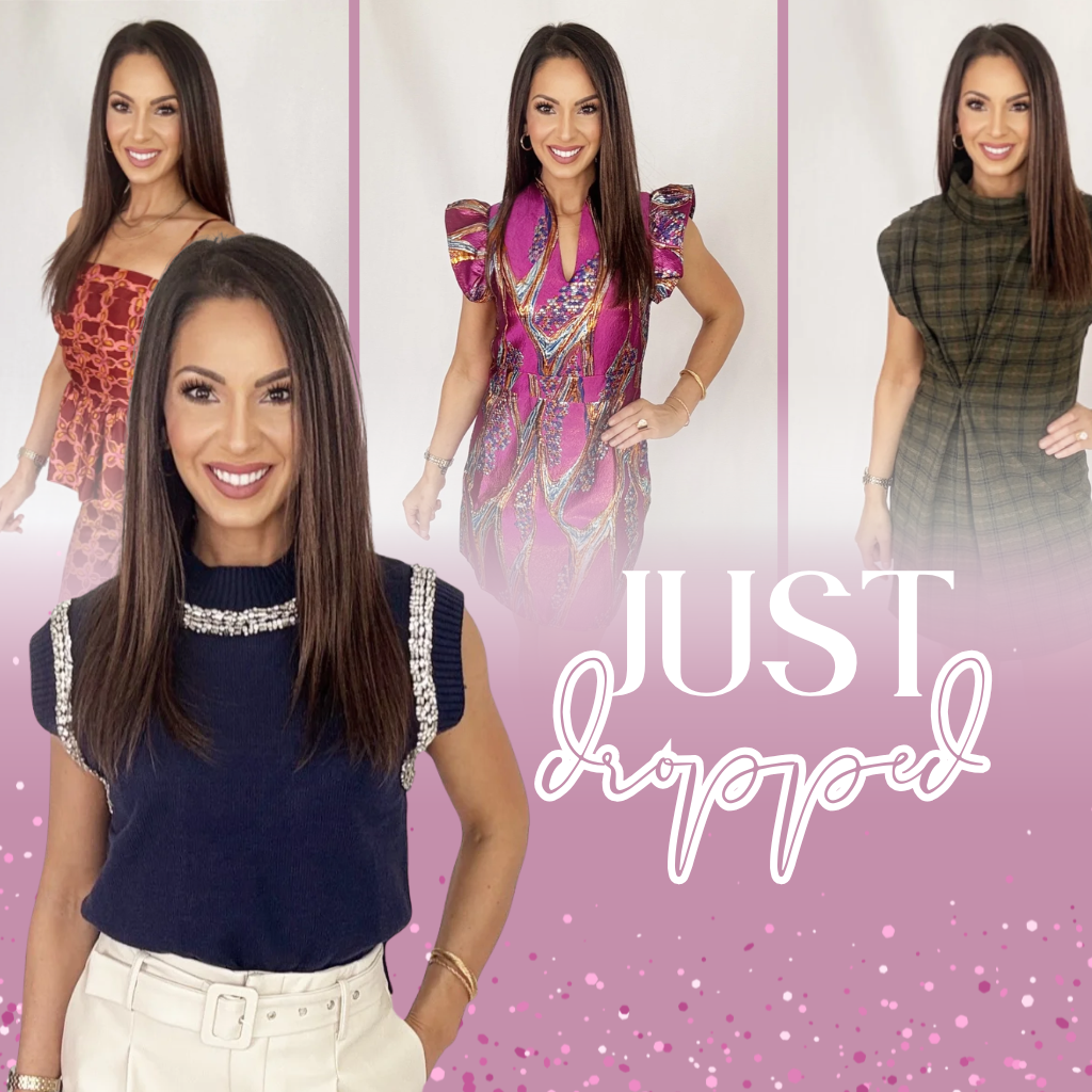 Collage of a woman in various outfits with 'Just dropped' text on a pink background | Bloom West Boutique | Houma, LA