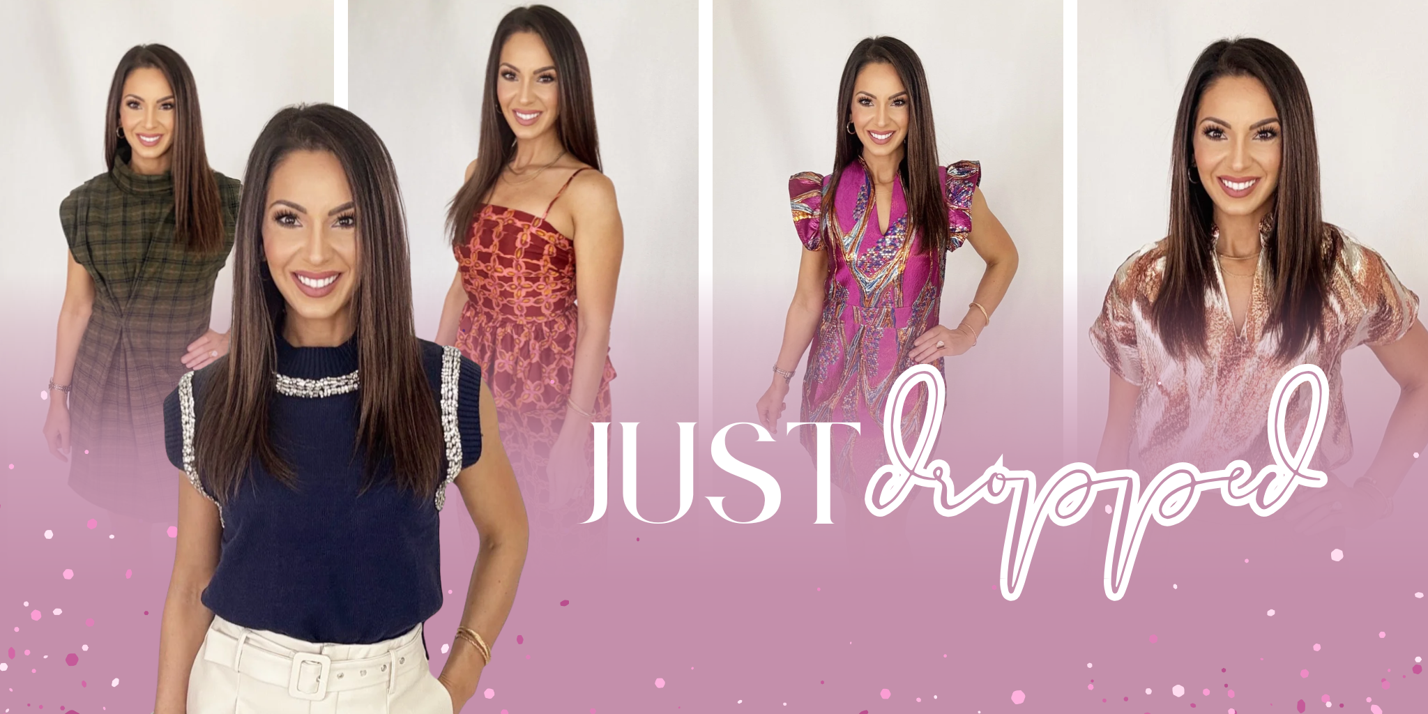 Collage of a woman in various outfits with 'Just Dipped' text on a pink background | Bloom West Boutique | Houma, LA