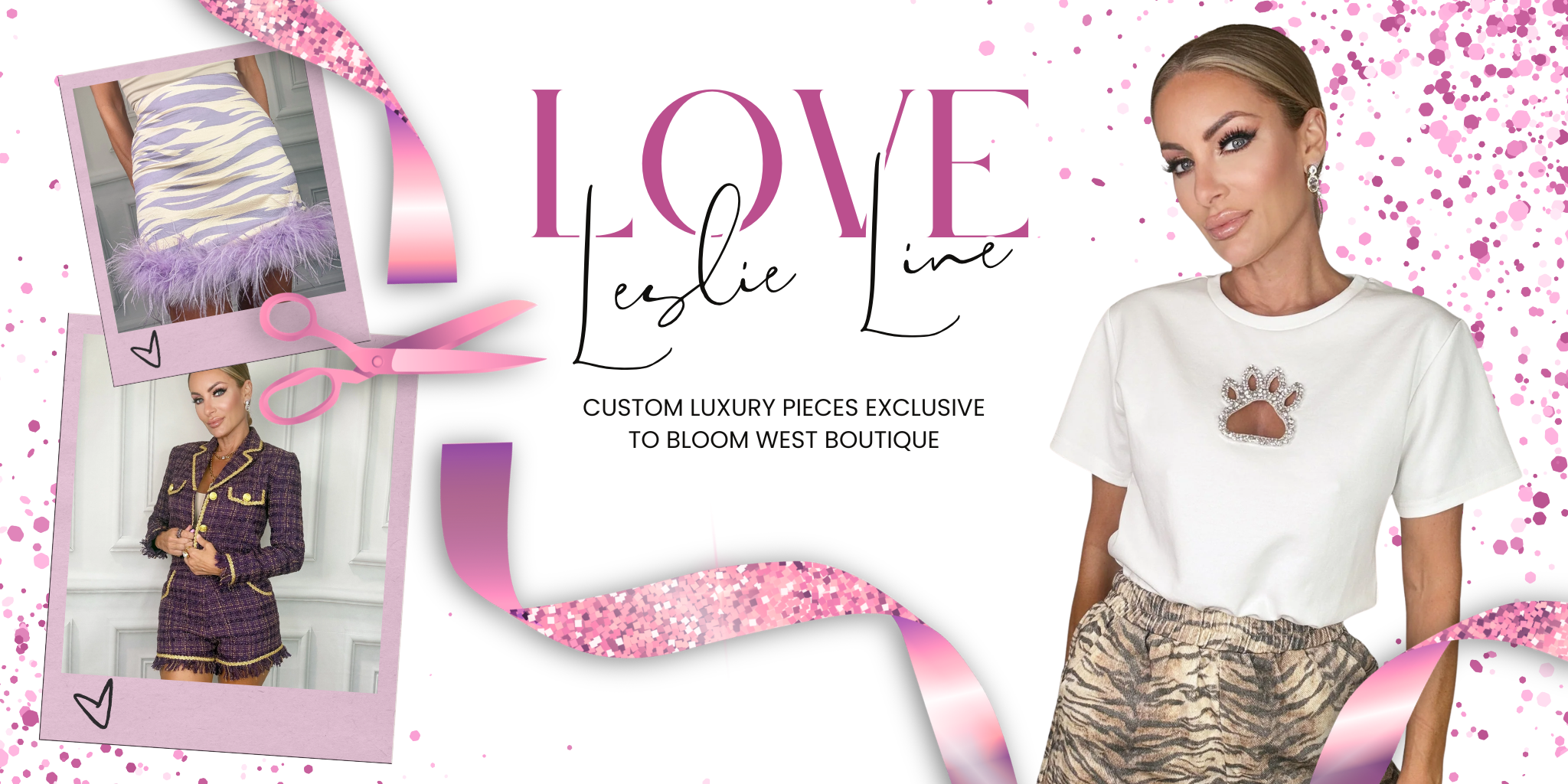 A promotional graphic for 'Love Leslie Line' featuring a woman on the right wearing a white t-shirt with a small brown paw print graphic and patterned skirt. Two smaller inset photos on the left show other clothing styles | Bloom West Boutique | Houma, LA