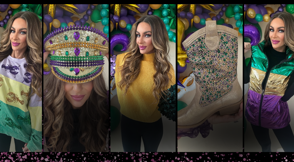 Collage of a woman with Mardi Gras-themed accessories and outfits | Bloom West Boutique | Houma, LA