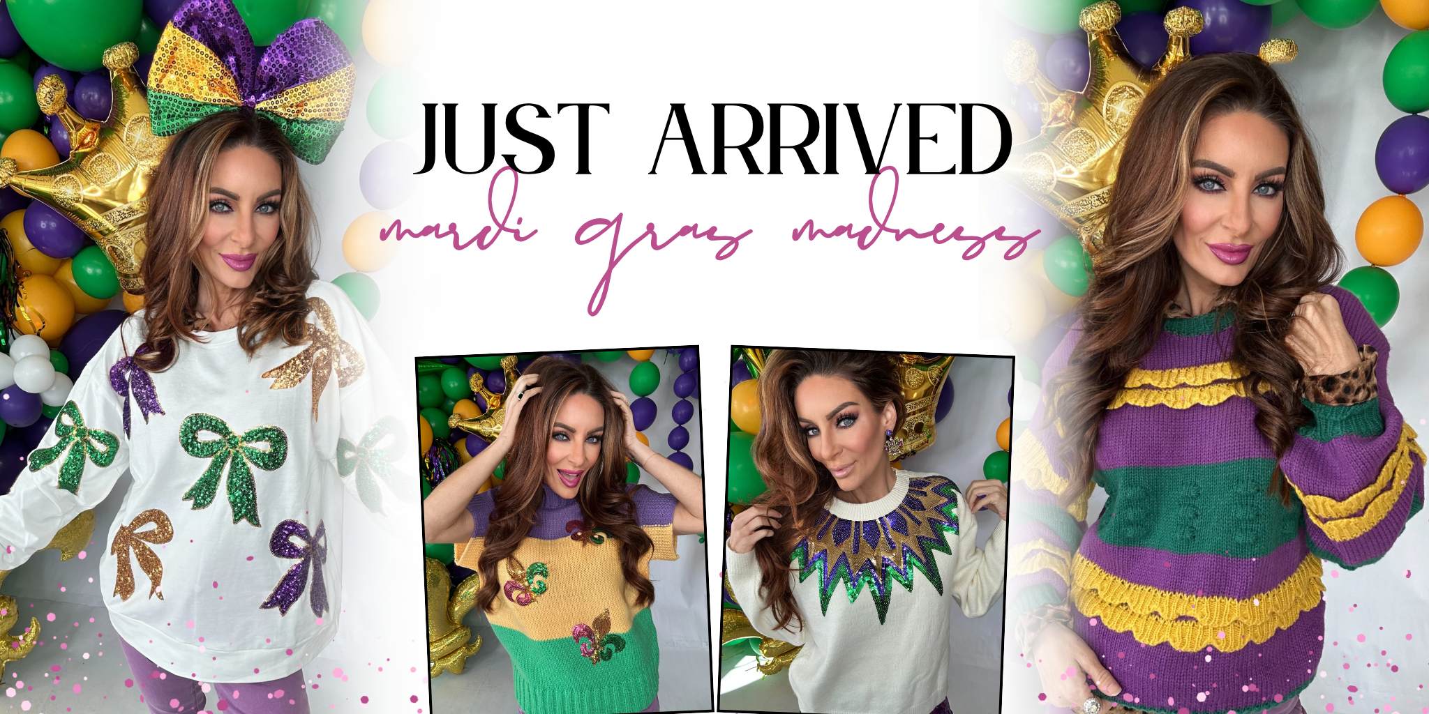 Promotional image for Mardi Gras-themed clothing with a model wearing a colorful sweater and accessories | Bloom West Boutique | Houma, LA