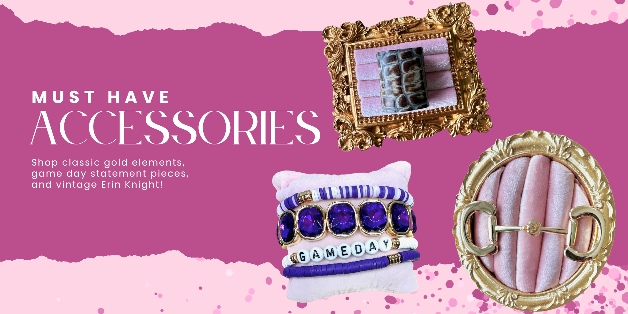 A promotional collage for 'Tailgate Outfits Go Tigers!' showing four women modeling tiger-themed apparel, including a white graphic t-shirt, a pink mini skirt, a white button-up shirt with metallic shorts, and a purple and gold patterned sleeveless jumpsuit. The center features three smaller inset photos of the outfits, with the text 'TAILGATE OUTFITS go tigers!' at the top | Bloom West Boutique | Houma, LA