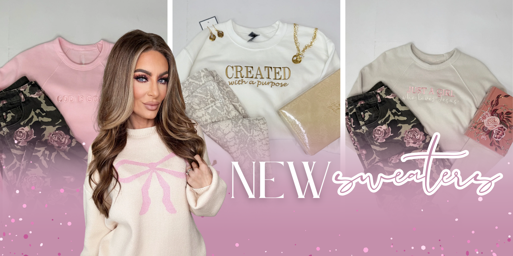 Woman wearing a white sweater with pink accents, surrounded by sweaters with floral designs and text | New Sweaters | Bloom West Boutique | Houma, LA