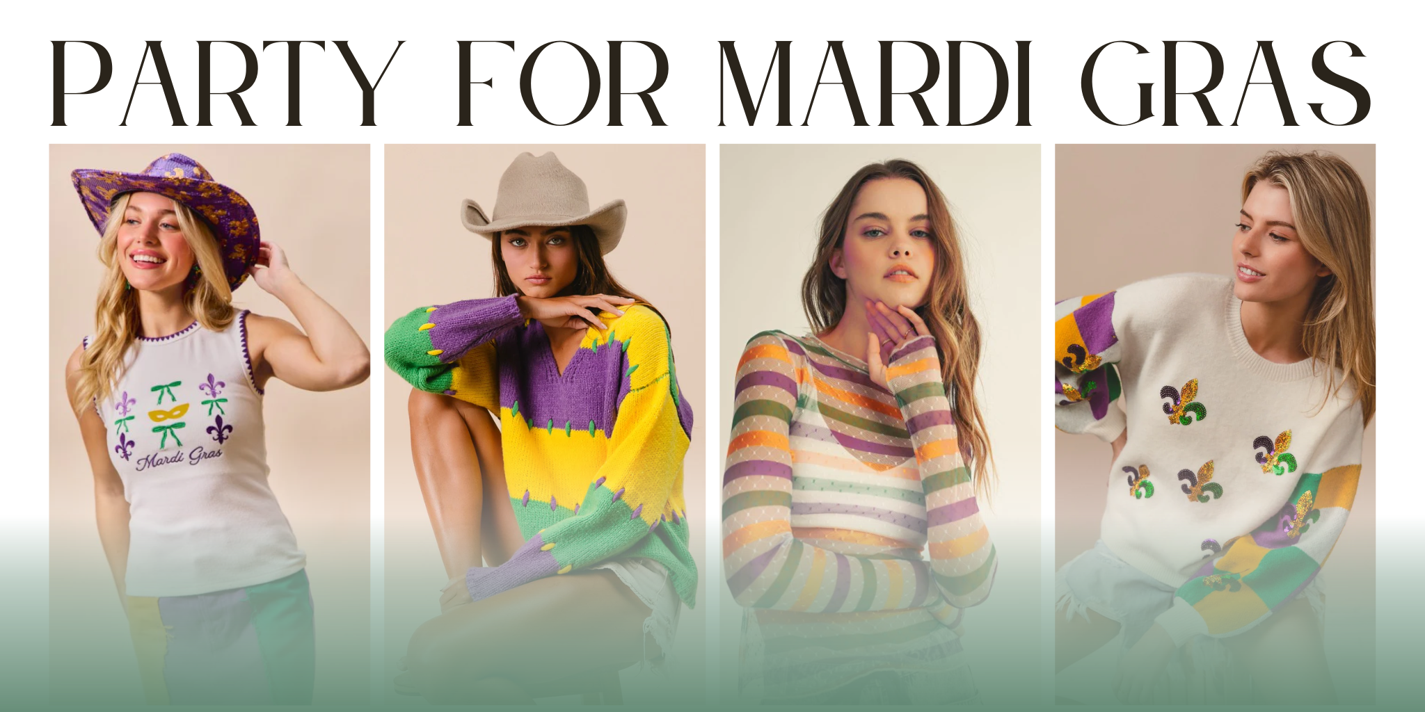 Four women wearing Mardi Gras-themed clothing with text 'Party for Mardi Gras' | Bloom West Boutique | Houma, LA