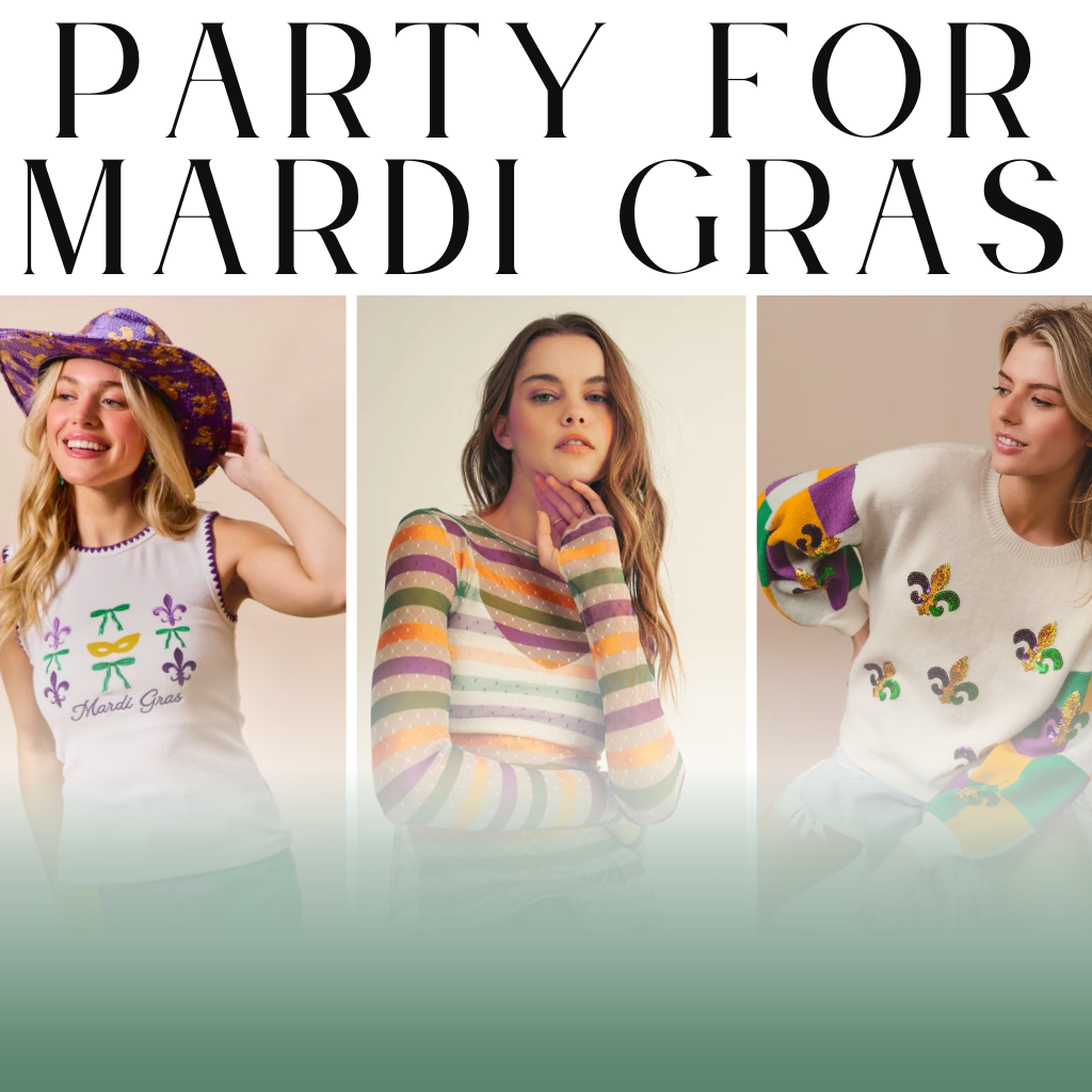 Four women wearing Mardi Gras-themed clothing with text 'Party for Mardi Gras' | Bloom West Boutique | Houma, LA
