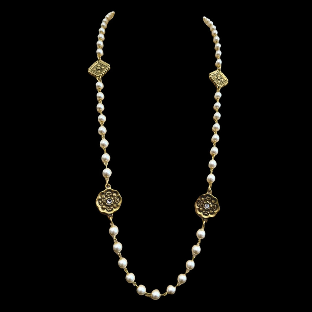 Vintage Reproduction Gold Charm &amp; Pearl Necklace