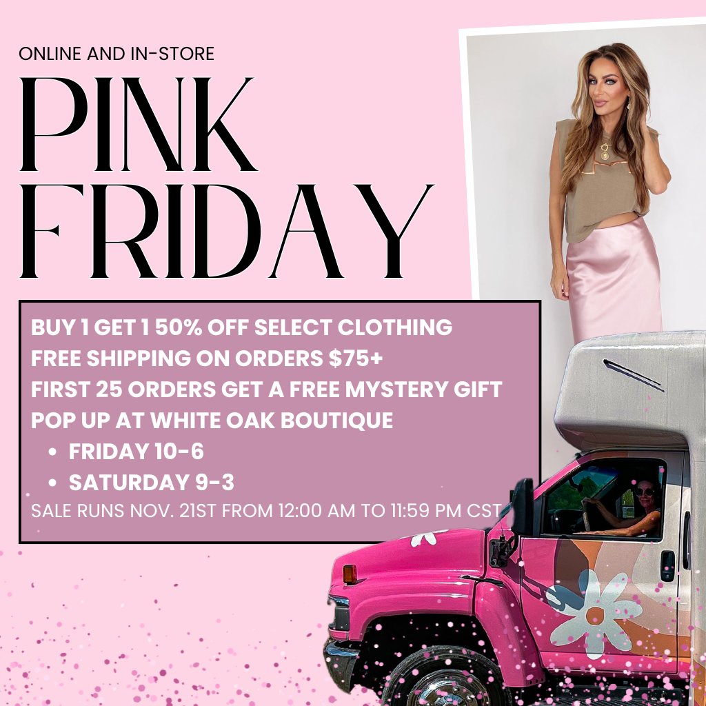Promotional banner for Pink Friday event with pink truck and model in store. | Pink Friday Sale at Bloom West Boutique | Houma, LA