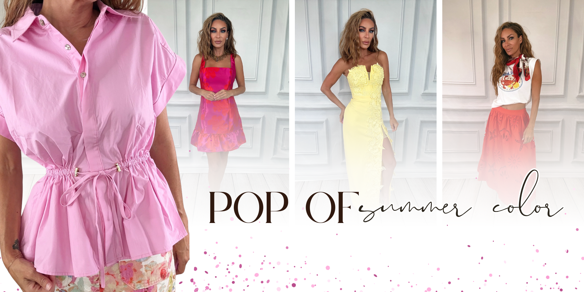 Collage of women wearing pink and yellow outfits with 'POP OF summer color' text | Bloom West Boutique | Houma, LA